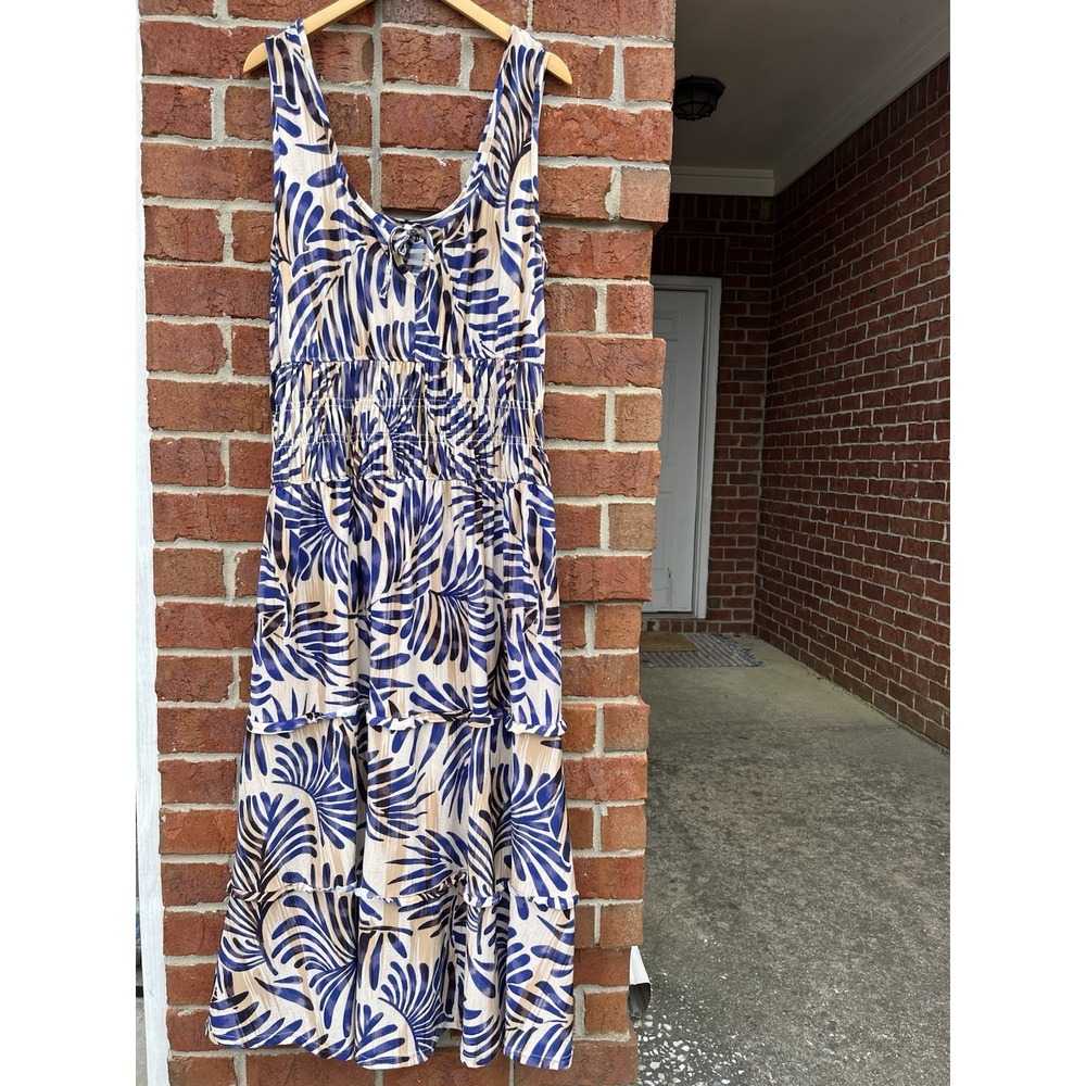 Love 3X Blue Cream Abstract Leaf Print Tiered Maxi Dress Sleeveless